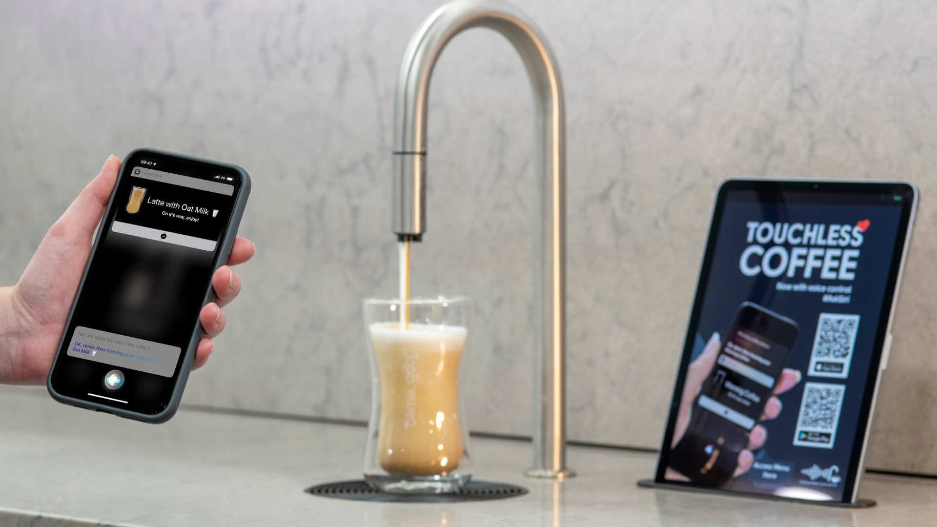 Latte being made with Siri voice control on the TopBrewer coffee tap at the Hg London office 